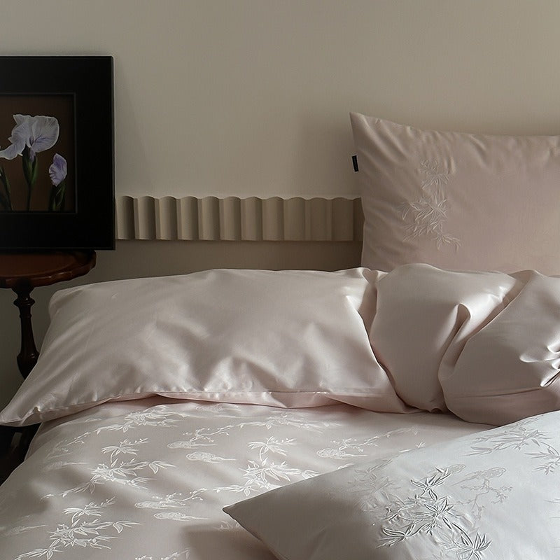 VILZSTUDIOS charcoal damask satin duvet cover set with pinstripe texture and white floral pillowcase embroidery