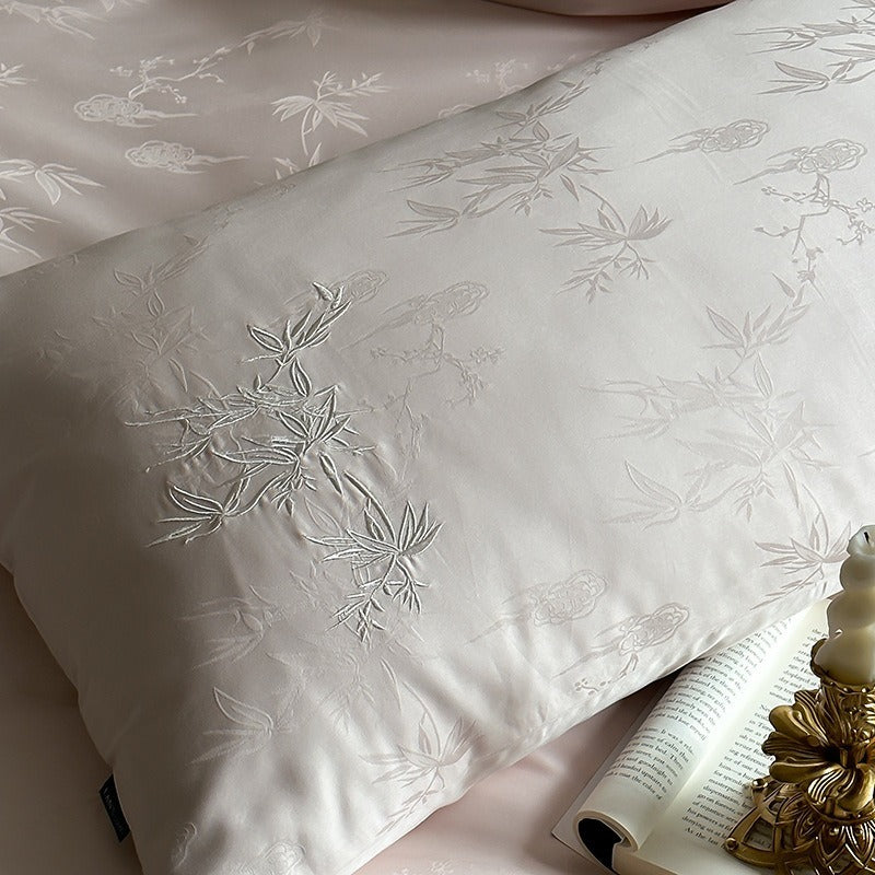 VILZSTUDIOS charcoal damask satin duvet cover set with pinstripe texture and white floral pillowcase embroidery