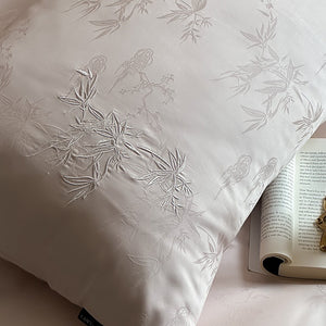VILZSTUDIOS charcoal damask satin duvet cover set with pinstripe texture and white floral pillowcase embroidery
