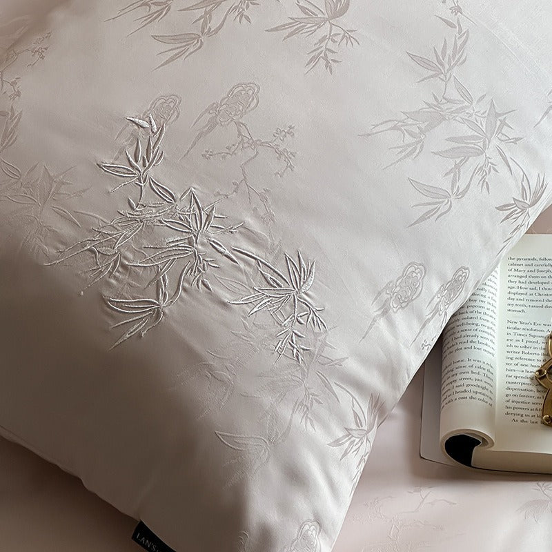 VILZSTUDIOS charcoal damask satin duvet cover set with pinstripe texture and white floral pillowcase embroidery
