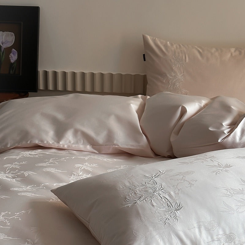 VILZSTUDIOS charcoal damask satin duvet cover set with pinstripe texture and white floral pillowcase embroidery
