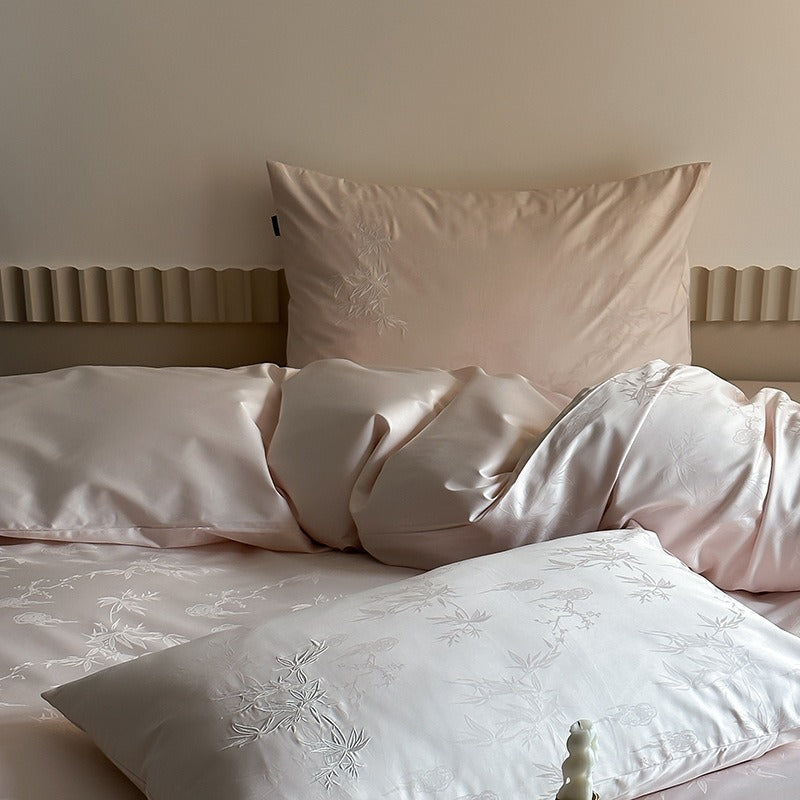 VILZSTUDIOS charcoal damask satin duvet cover set with pinstripe texture and white floral pillowcase embroidery