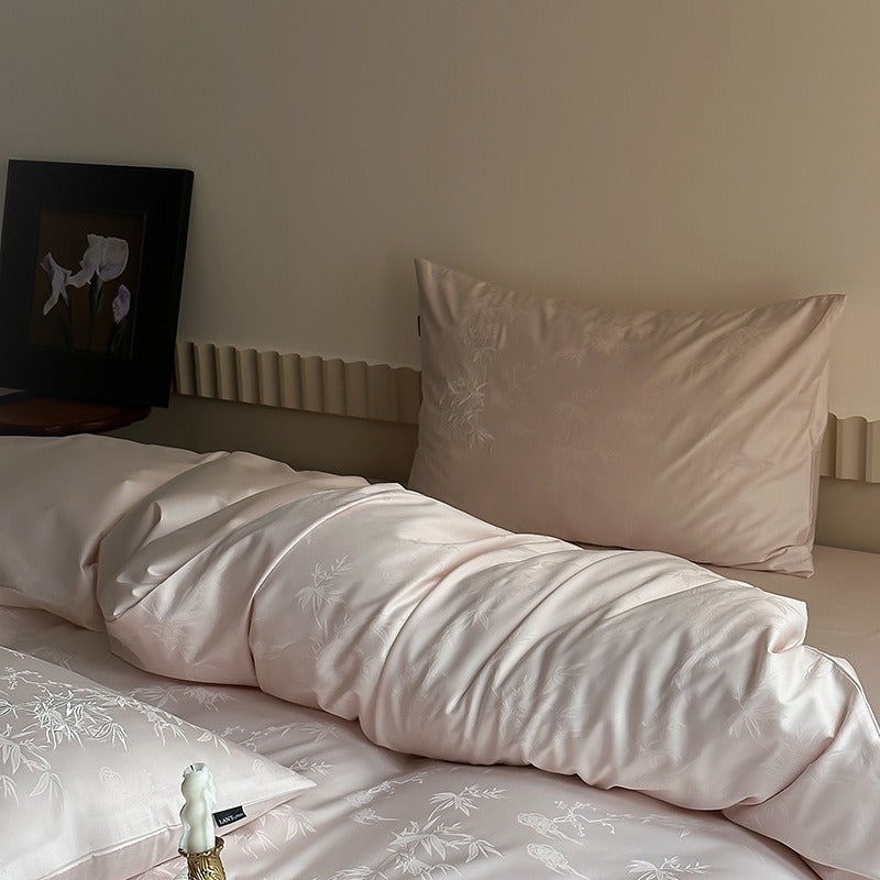 VILZSTUDIOS charcoal damask satin duvet cover set with pinstripe texture and white floral pillowcase embroidery