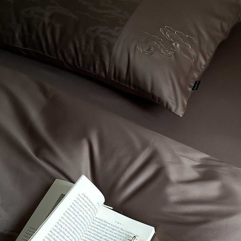 VILZSTUDIOS charcoal damask satin duvet cover set with pinstripe texture and white floral pillowcase embroidery