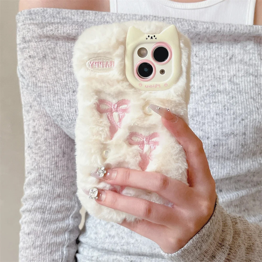 VILZSTUDIOS Stylish plush phone case with bow embroidery