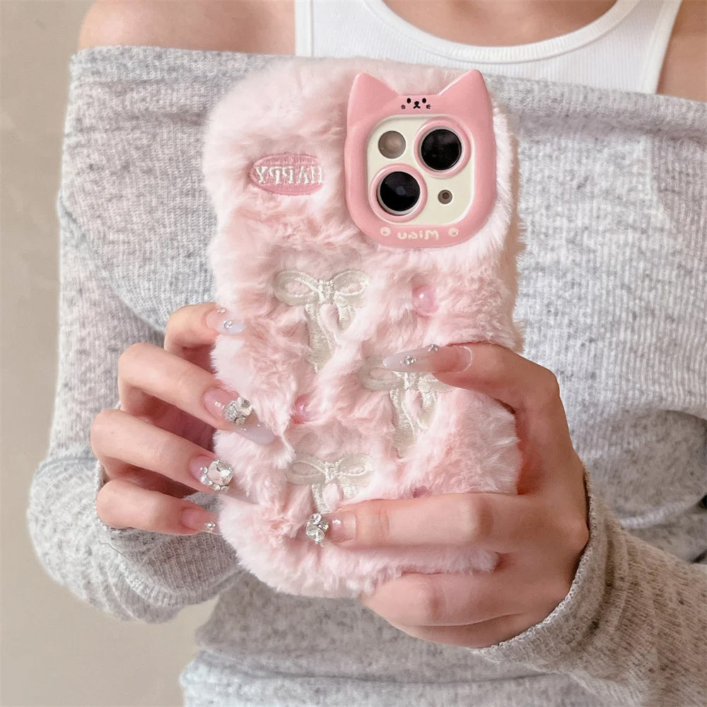 VILZSTUDIOS Stylish plush phone case with bow embroidery