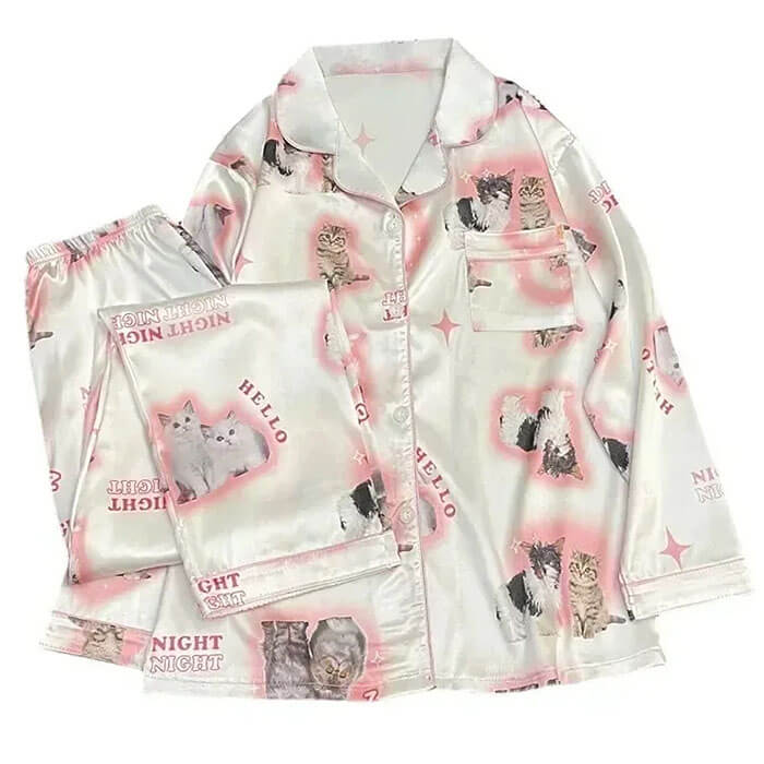 VILZSTUDIOS Satin pajama set with cat prints
