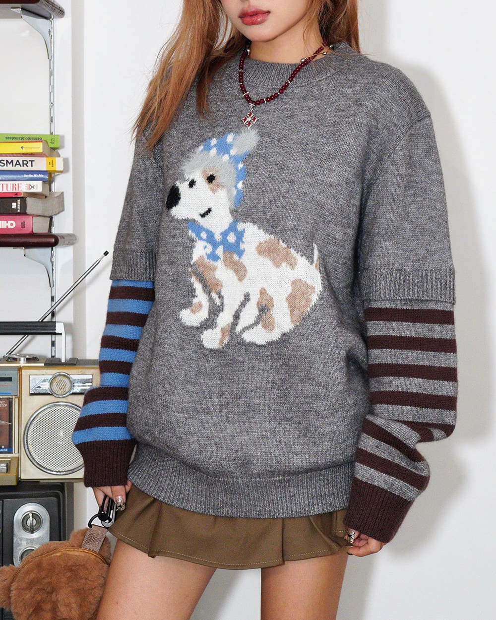 VILZSTUDIOS Charming dog graphic striped sleeve jumper from VILZSTUDIOS