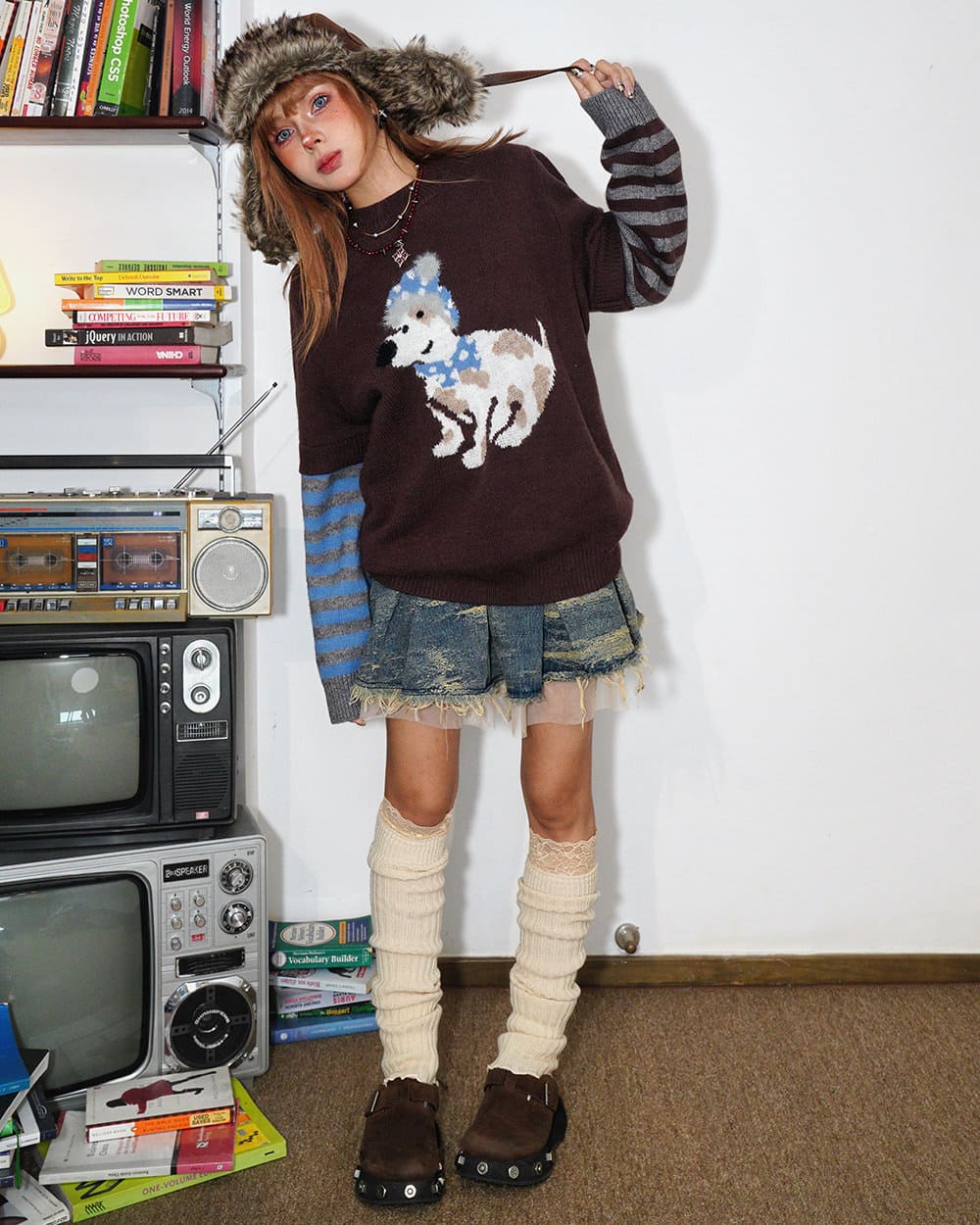 VILZSTUDIOS Charming dog graphic striped sleeve jumper from VILZSTUDIOS
