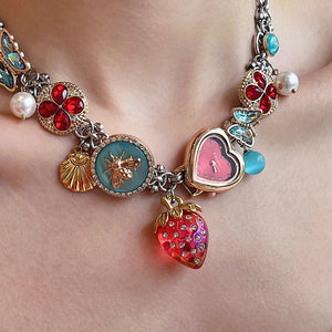 VILZSTUDIOS Charming heart clock pendant necklace with detailed charms
