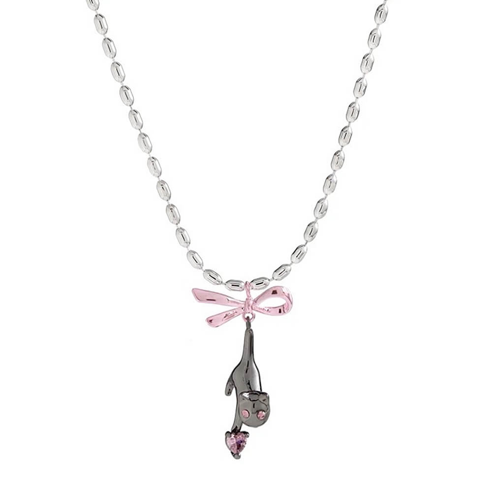 VILZSTUDIOS Charming kitten pendant necklace with pink bow and heart gemstone