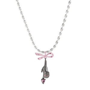 VILZSTUDIOS Charming kitten pendant necklace with pink bow and heart gemstone