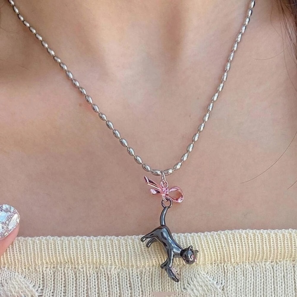 VILZSTUDIOS Charming kitten pendant necklace with pink bow and heart gemstone