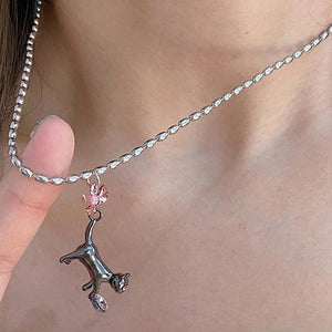 VILZSTUDIOS Charming kitten pendant necklace with pink bow and heart gemstone