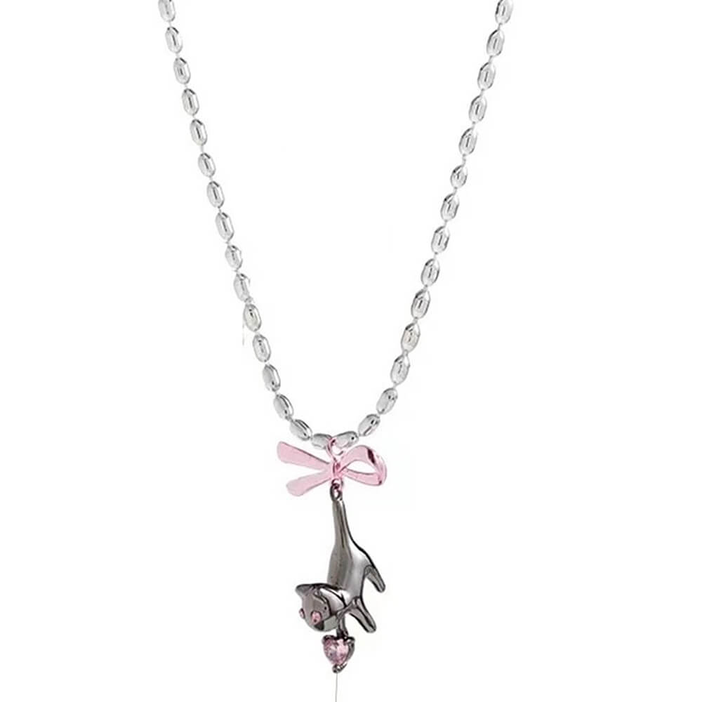 VILZSTUDIOS Charming kitten pendant necklace with pink bow and heart gemstone