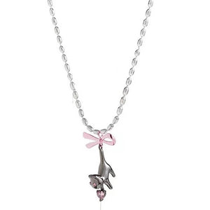 VILZSTUDIOS Charming kitten pendant necklace with pink bow and heart gemstone