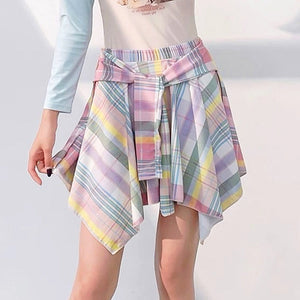 VILZSTUDIOS Pastel plaid skirt with layered design and elastic waist
