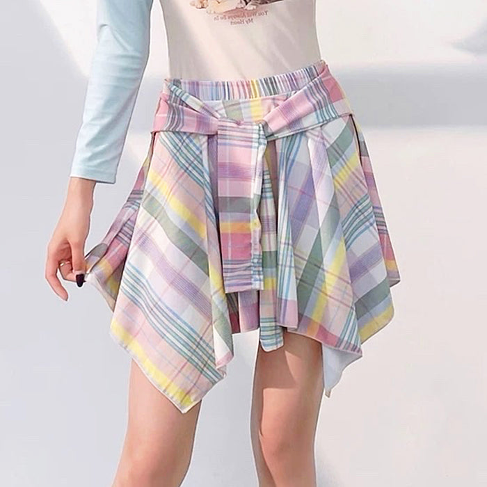 VILZSTUDIOS Pastel plaid skirt with layered design and elastic waist