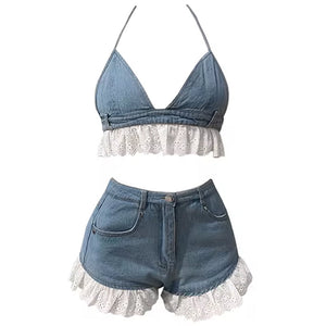 VILZSTUDIOS Stylish denim co-ord set with ruffle details