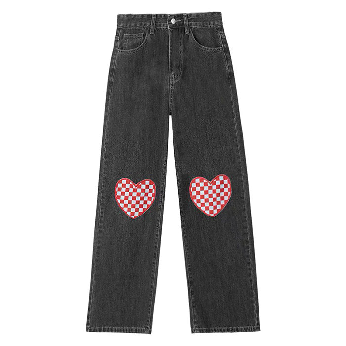 VILZSTUDIOS Checker heart pattern loose fit jeans by VILZSTUDIOS