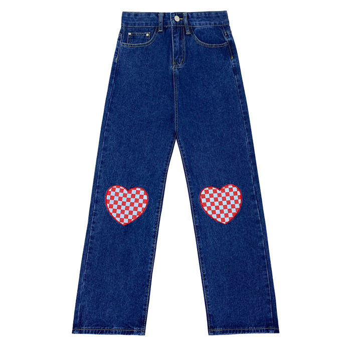 VILZSTUDIOS Checker heart pattern loose fit jeans by VILZSTUDIOS