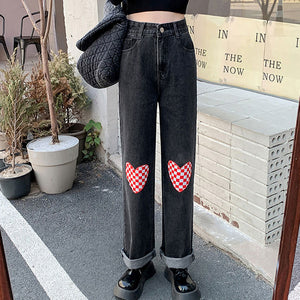 VILZSTUDIOS Checker heart pattern loose fit jeans by VILZSTUDIOS