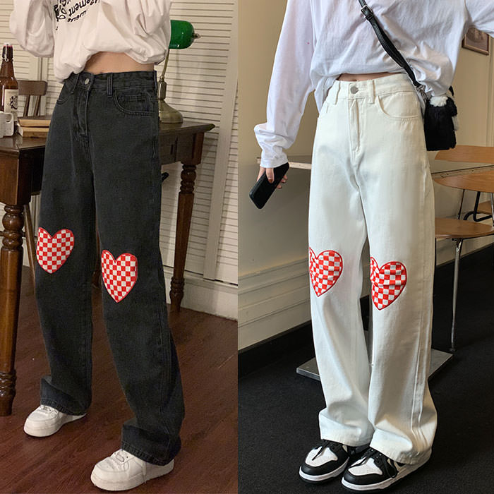 VILZSTUDIOS Checker heart pattern loose fit jeans by VILZSTUDIOS