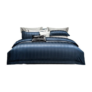 VILZSTUDIOS steel blue satin checkerboard stripe duvet cover set with wide flanged borders