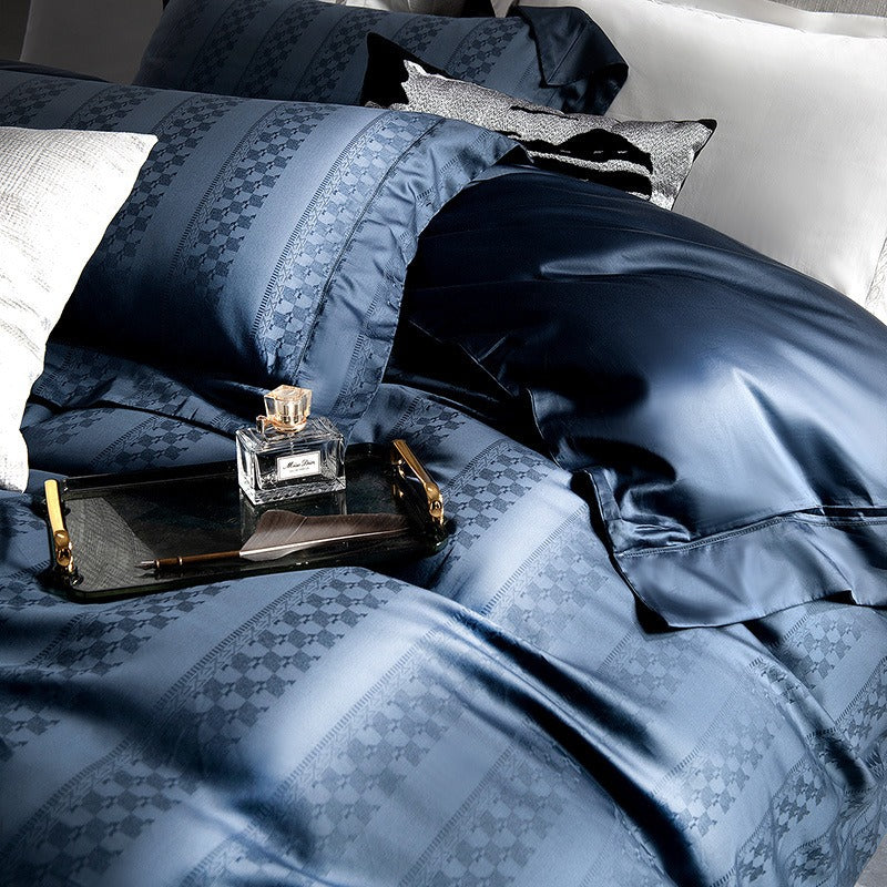 VILZSTUDIOS steel blue satin checkerboard stripe duvet cover set with wide flanged borders