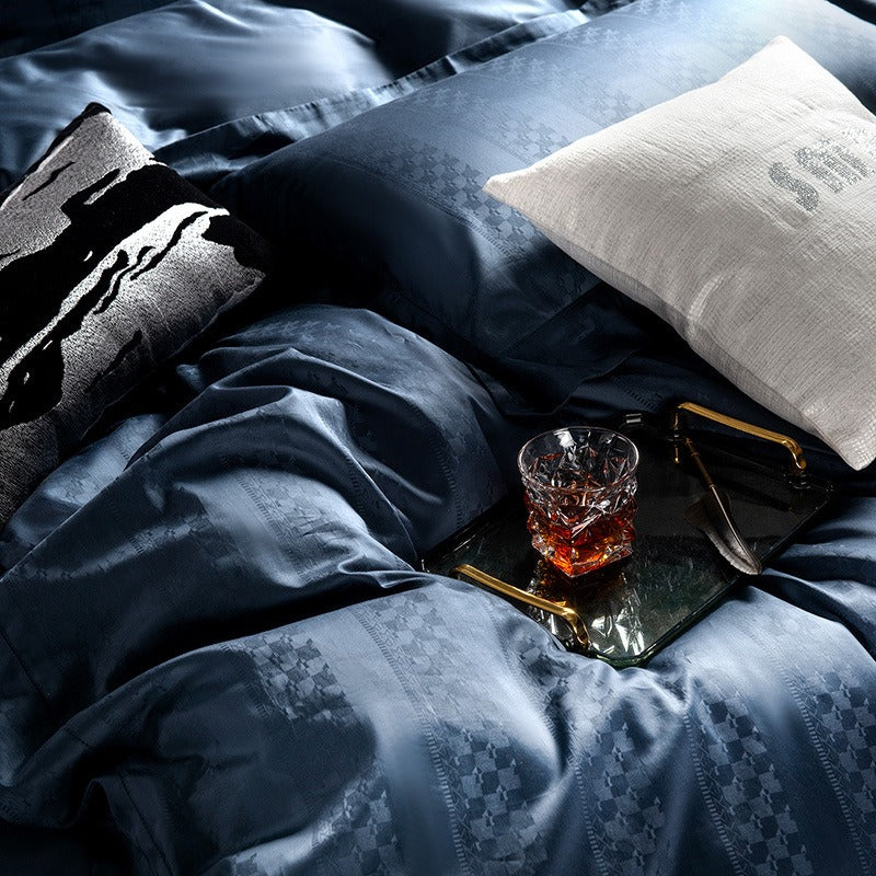VILZSTUDIOS steel blue satin checkerboard stripe duvet cover set with wide flanged borders