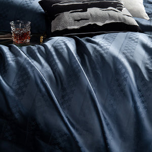 VILZSTUDIOS steel blue satin checkerboard stripe duvet cover set with wide flanged borders