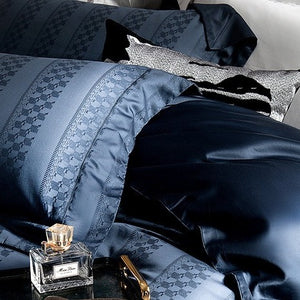VILZSTUDIOS steel blue satin checkerboard stripe duvet cover set with wide flanged borders