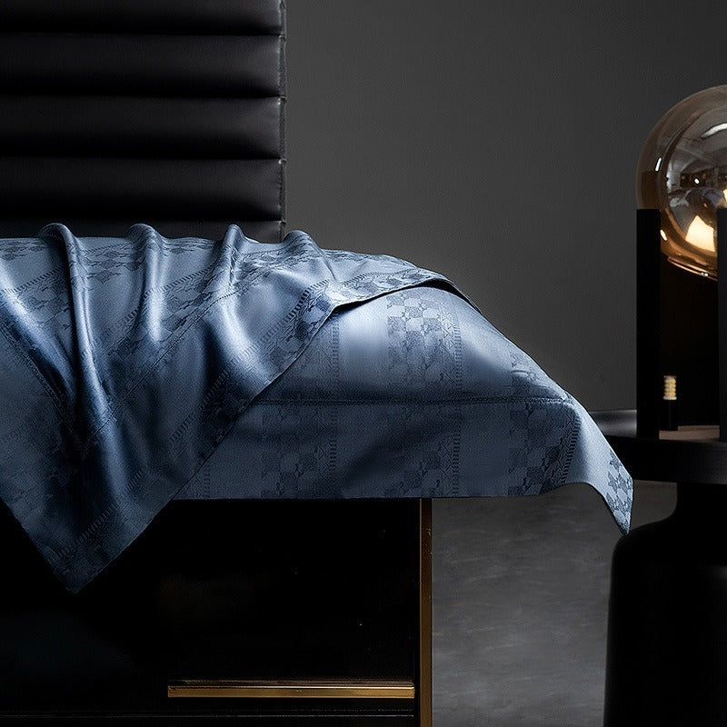 VILZSTUDIOS steel blue satin checkerboard stripe duvet cover set with wide flanged borders