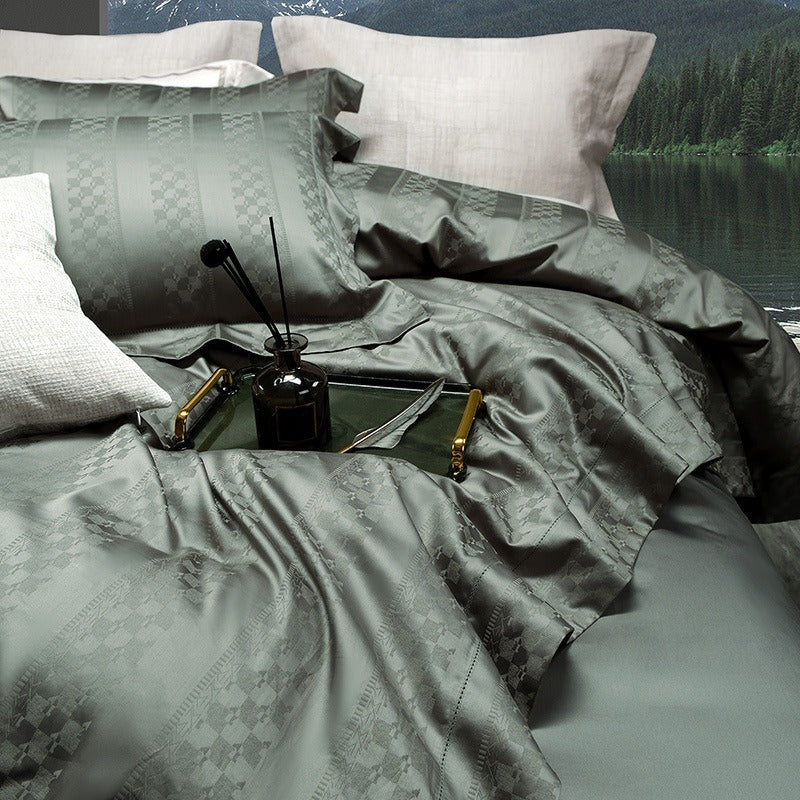 VILZSTUDIOS steel blue satin checkerboard stripe duvet cover set with wide flanged borders