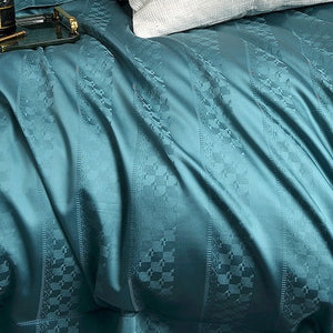 VILZSTUDIOS steel blue satin checkerboard stripe duvet cover set with wide flanged borders