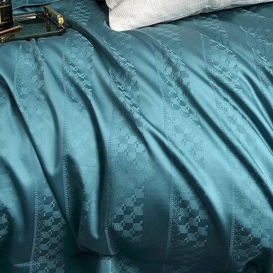 VILZSTUDIOS steel blue satin checkerboard stripe duvet cover set with wide flanged borders