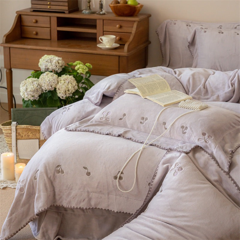 VILZSTUDIOS pastel lavender, blush pink or beige cherry-embroidered bedding set with scalloped lace trim