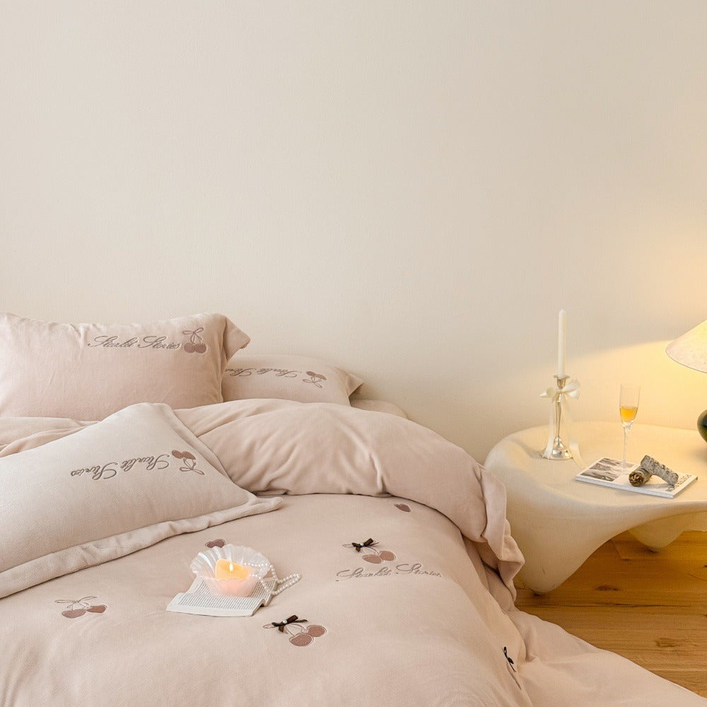 VILZSTUDIOS muted pastel fleece bedding set with embroidered cherries and ribbon bow appliqués