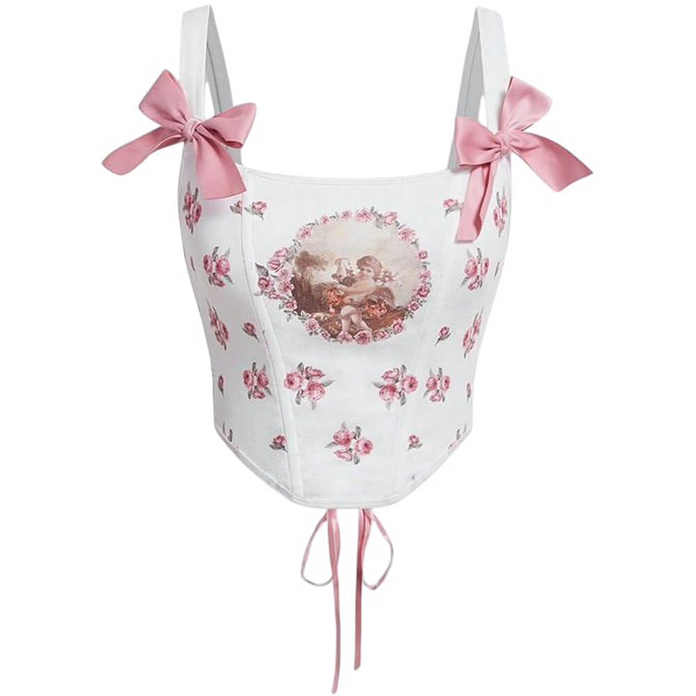 VILZSTUDIOS Stylish corset top with bow straps and cherub print