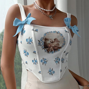 VILZSTUDIOS Stylish corset top with bow straps and cherub print
