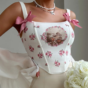 VILZSTUDIOS Stylish corset top with bow straps and cherub print
