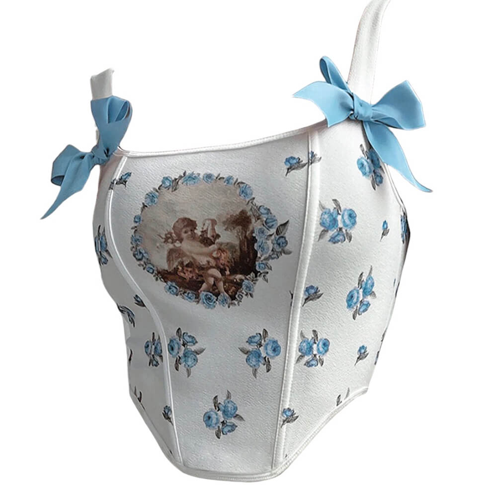 VILZSTUDIOS Stylish corset top with bow straps and cherub print