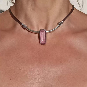 VILZSTUDIOS Stylish choker featuring pink glass pendant and silver-tone accents