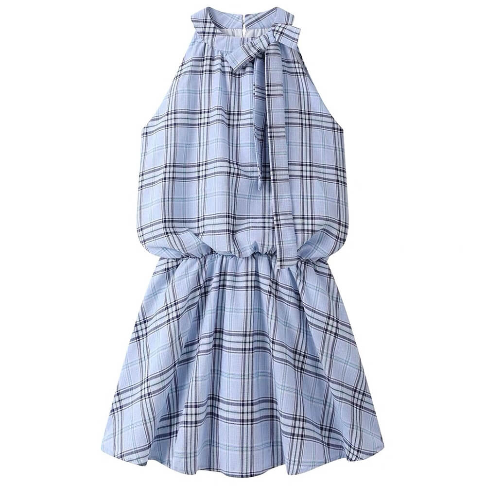 VILZSTUDIOS Stylish plaid mini dress with bow-tie neckline