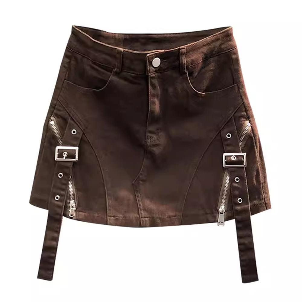 VILZSTUDIOS Stylish high-waisted denim skirt with buckle straps