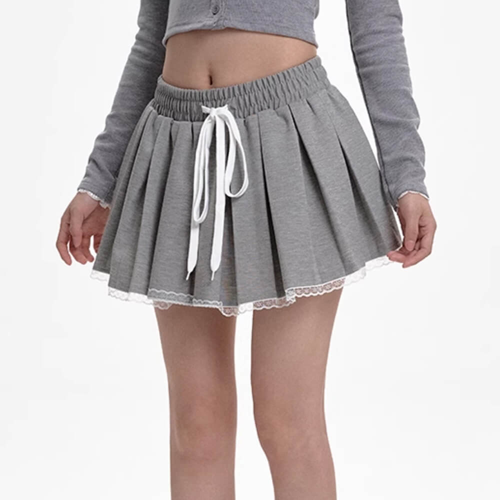 VILZSTUDIOS Chic drawstring pleated mini skirt with lace trim