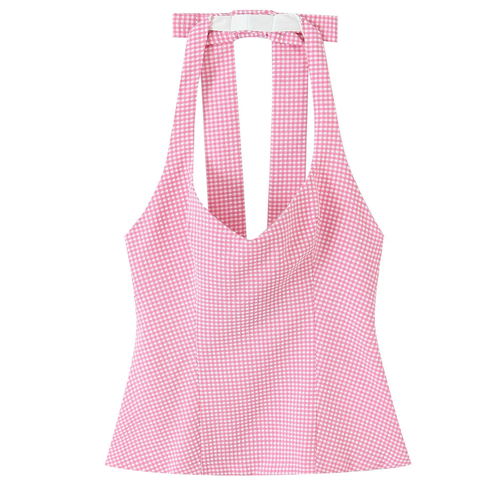 VILZSTUDIOS Stylish halter top with bow and gingham pattern