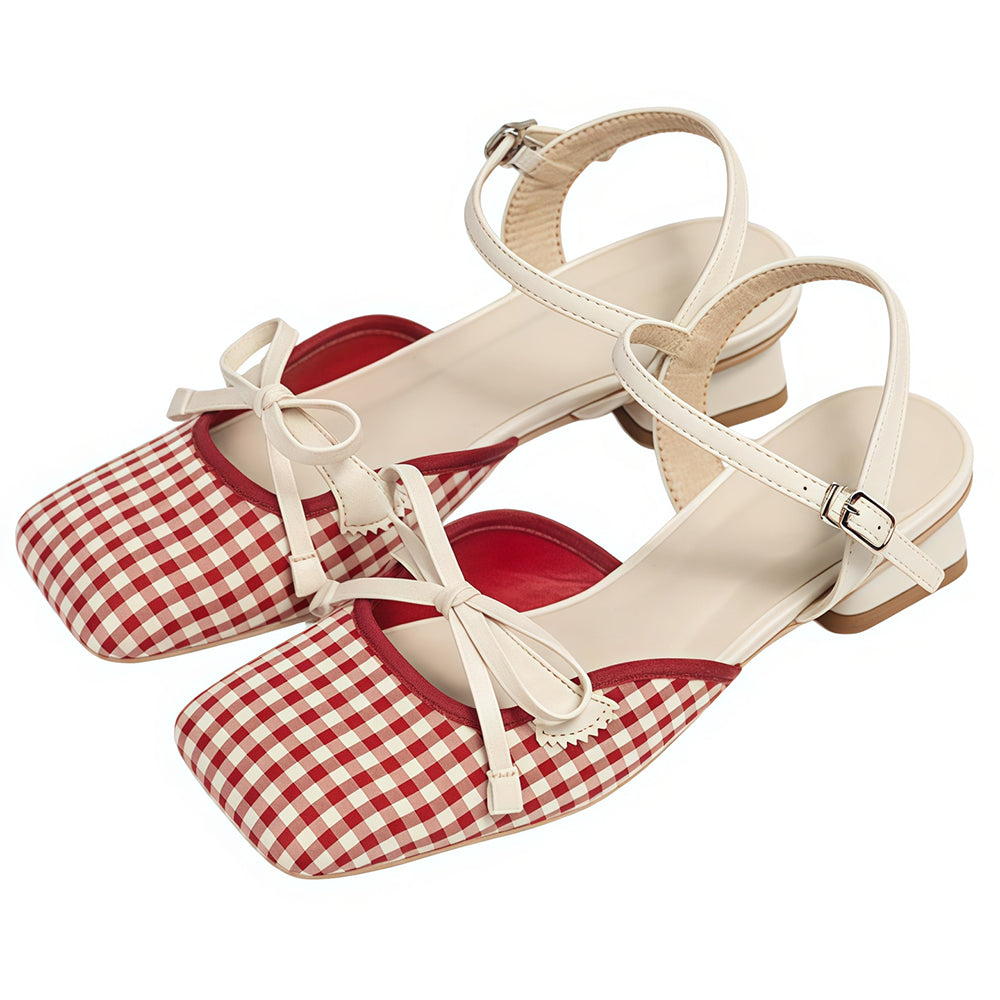 VILZSTUDIOS Chic gingham bow sandals with block heel