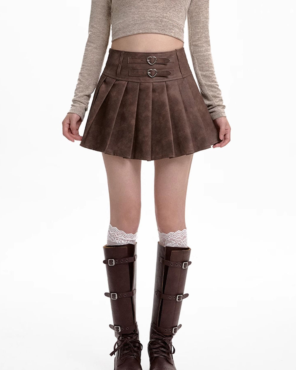 VILZSTUDIOS Stylish heart buckle high-waisted mini skirt