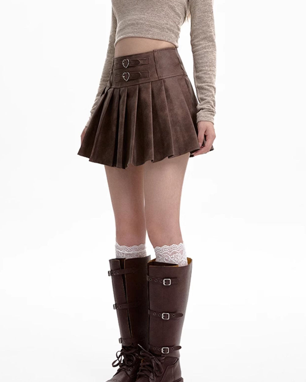 VILZSTUDIOS Stylish heart buckle high-waisted mini skirt